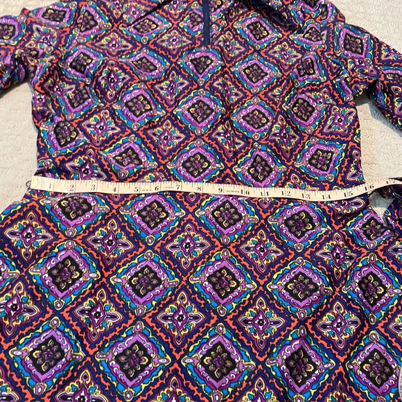 🦩Vintage purple navy yellow blue orange white teal patterned dress w/collar - Picture 10 of 12